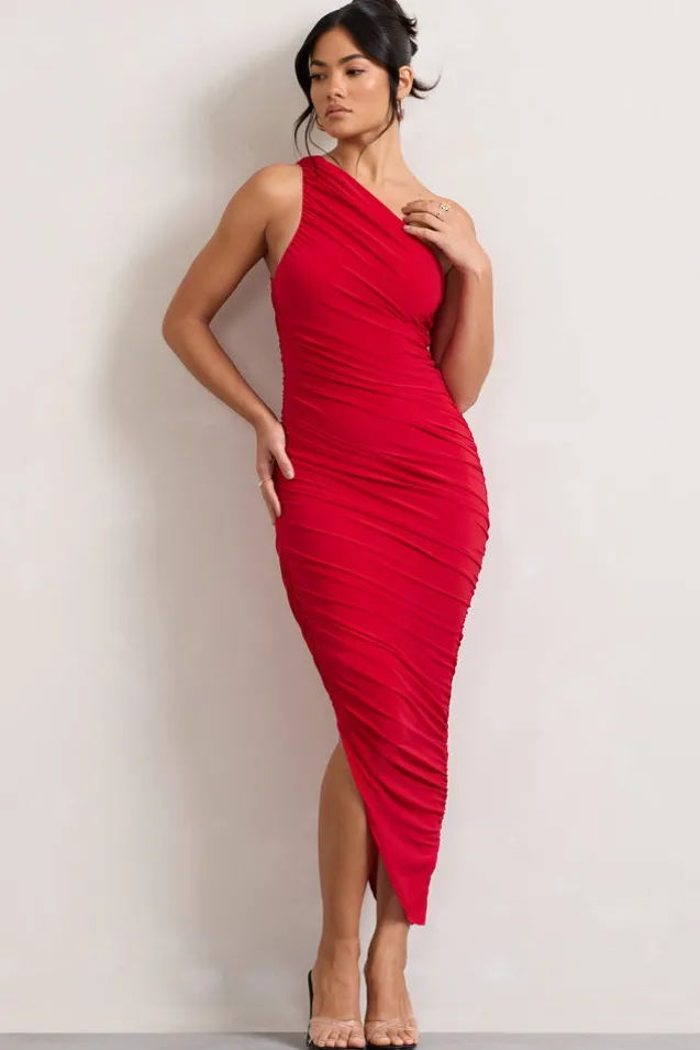 Dorit | Red One Shoulder Asymmetric Ruched Midi Dress