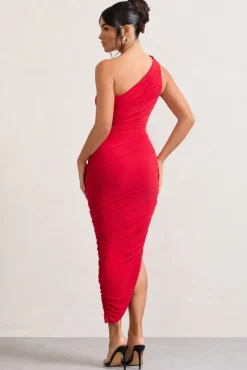 Dorit | Red One Shoulder Asymmetric Ruched Midi Dress