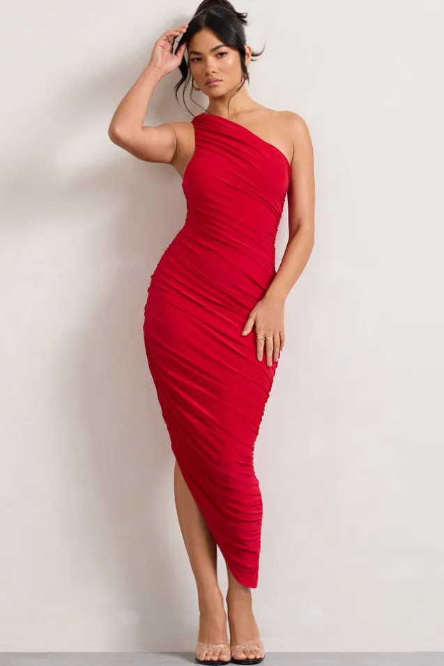 Dorit | Red One Shoulder Asymmetric Ruched Midi Dress