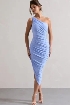 Dorit | Sky Blue One Shoulder Asymmetric Ruched Midi Dress