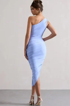 Dorit | Sky Blue One Shoulder Asymmetric Ruched Midi Dress