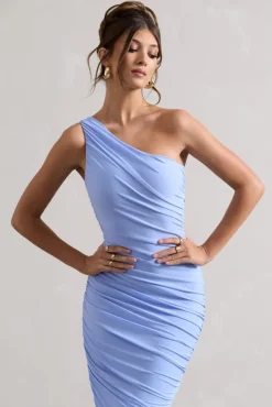 Dorit | Sky Blue One Shoulder Asymmetric Ruched Midi Dress
