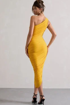 Dorit | Yellow One Shoulder Asymmetric Ruched Midi Dress