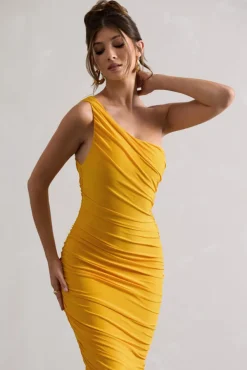Dorit | Yellow One Shoulder Asymmetric Ruched Midi Dress