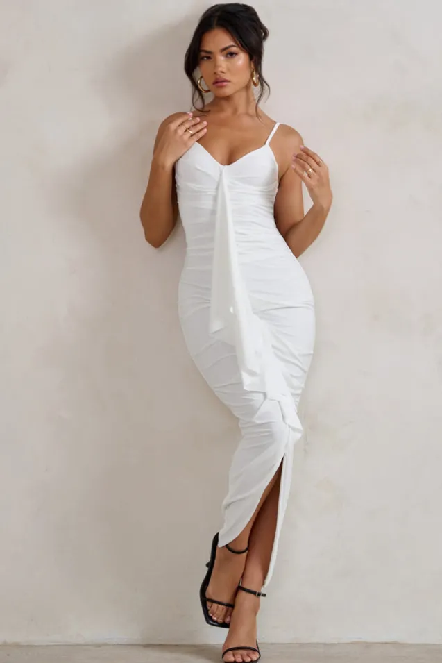 Dorothy | White Plunge V Neckline Ruffle Midi Dress
