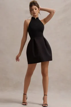 Dottie | Black High-Neck Mini Dress With Pleated Skirt