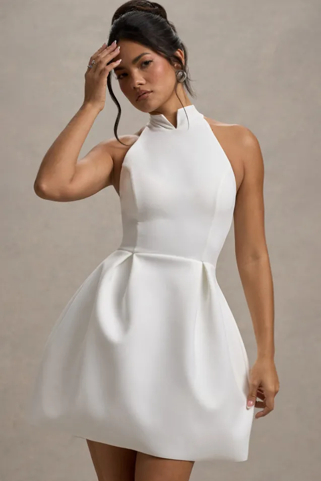 Dottie | White High-Neck Mini Dress With Pleated Skirt