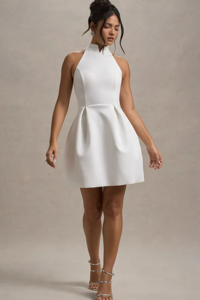 Dottie | White High-Neck Mini Dress With Pleated Skirt