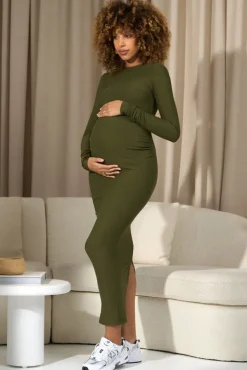 Dove | Moss Green Bodycon Long-Sleeve Maternity Maxi Dress
