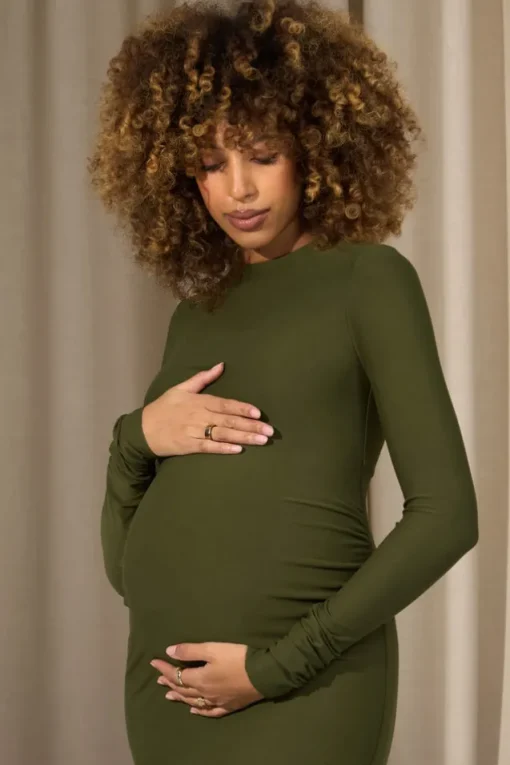 Dove | Moss Green Bodycon Long-Sleeve Maternity Maxi Dress