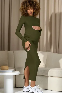 Dove | Moss Green Bodycon Long-Sleeve Maternity Maxi Dress