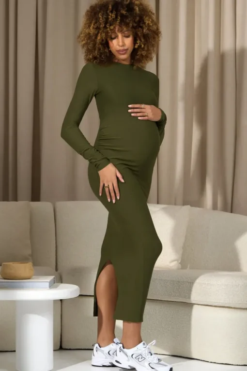 Dove | Moss Green Bodycon Long-Sleeve Maternity Maxi Dress