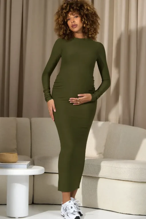 Dove | Moss Green Bodycon Long-Sleeve Maternity Maxi Dress