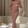 Dove | Warm Taupe Bodycon Long-Sleeve Maternity Maxi Dress