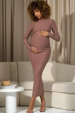 Dove | Warm Taupe Bodycon Long-Sleeve Maternity Maxi Dress