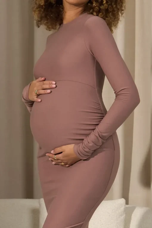 Dove | Warm Taupe Bodycon Long-Sleeve Maternity Maxi Dress