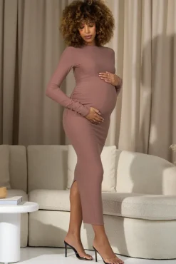 Dove | Warm Taupe Bodycon Long-Sleeve Maternity Maxi Dress
