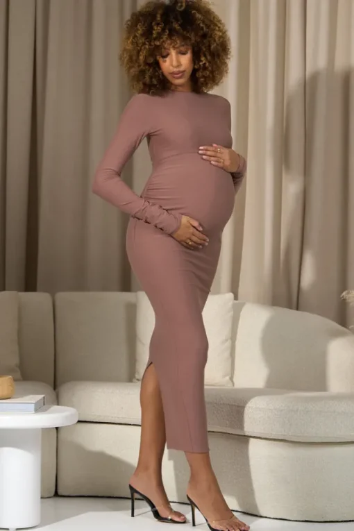 Dove | Warm Taupe Bodycon Long-Sleeve Maternity Maxi Dress