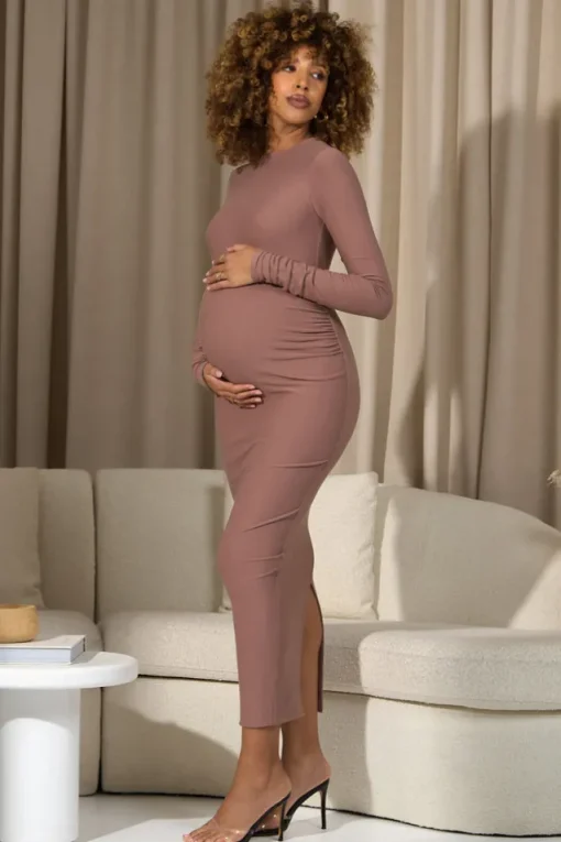 Dove | Warm Taupe Bodycon Long-Sleeve Maternity Maxi Dress