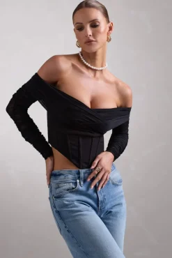Dramatic | Black Sheer Bardot Long-Sleeved Corset Top