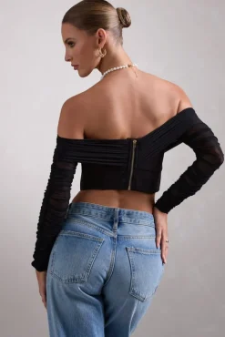 Dramatic | Black Sheer Bardot Long-Sleeved Corset Top