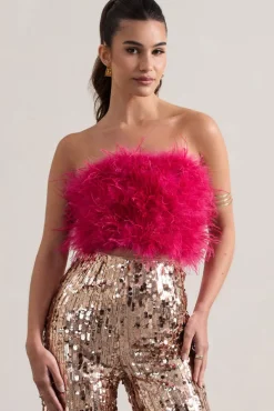 Dream Daze | Dark Pink Strapless Feather Crop Top