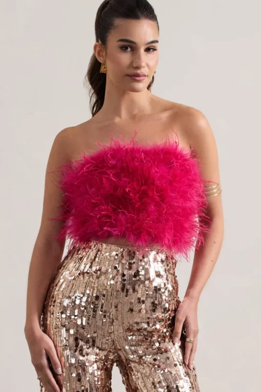 Dream Daze | Dark Pink Strapless Feather Crop Top