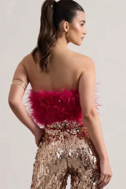 Dream Daze | Dark Pink Strapless Feather Crop Top