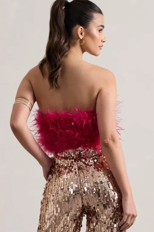 Dream Daze | Dark Pink Strapless Feather Crop Top