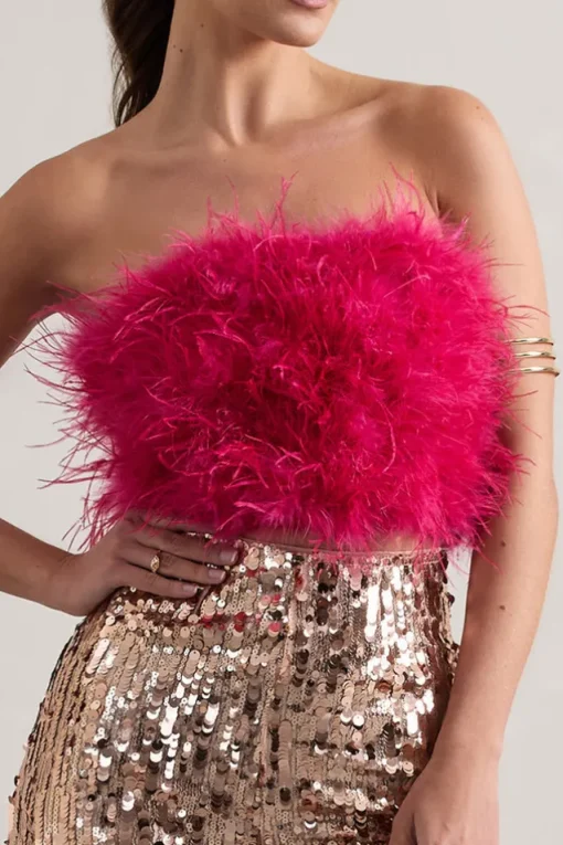 Dream Daze | Dark Pink Strapless Feather Crop Top