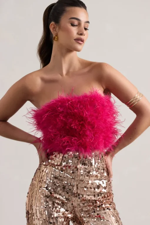 Dream Daze | Dark Pink Strapless Feather Crop Top