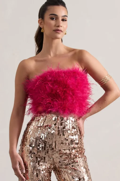 Dream Daze | Dark Pink Strapless Feather Crop Top