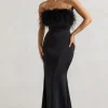 Dress For It | Black Satin Feather Trim Maxi Dress