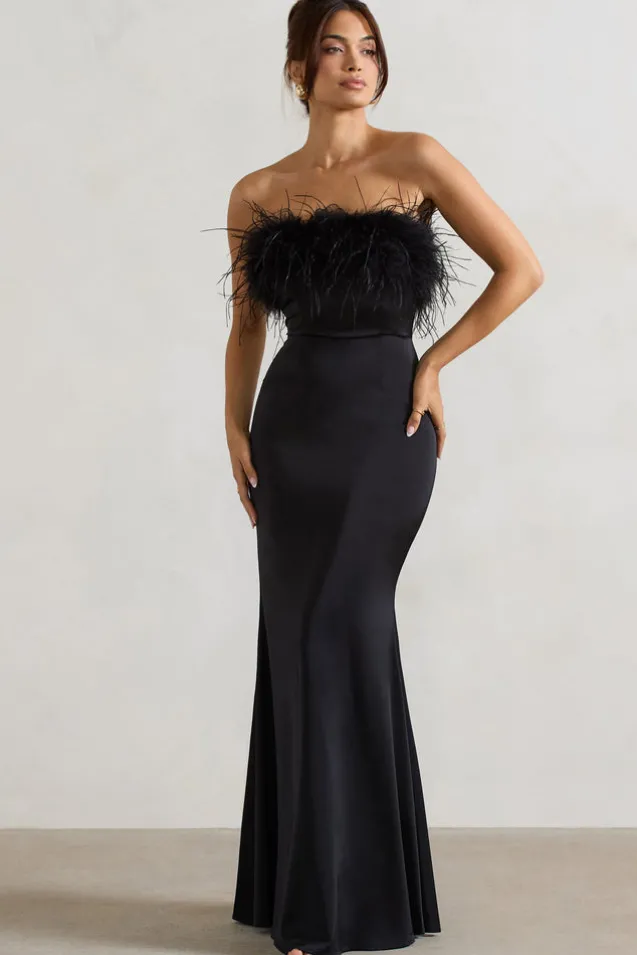 Dress For It | Black Satin Feather Trim Maxi Dress