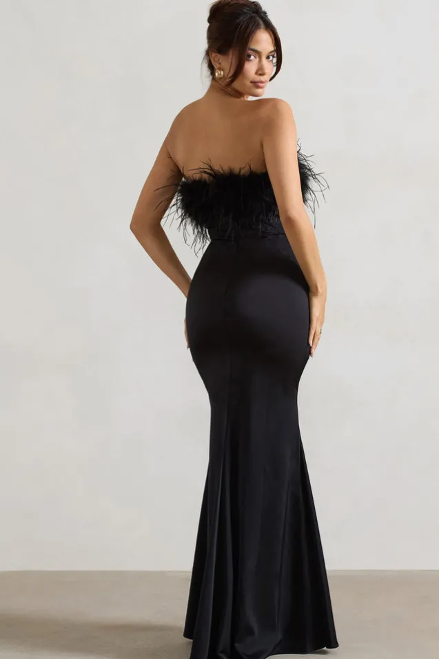 Dress For It | Black Satin Feather Trim Maxi Dress