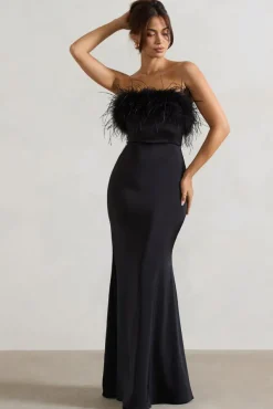 Dress For It | Black Satin Feather Trim Maxi Dress