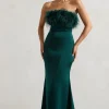 Dress For It | Bottle Green Satin Feather Trim Maxi Dress