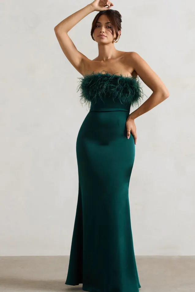 Dress For It | Bottle Green Satin Feather Trim Maxi Dress