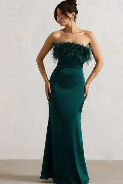 Dress For It | Bottle Green Satin Feather Trim Maxi Dress