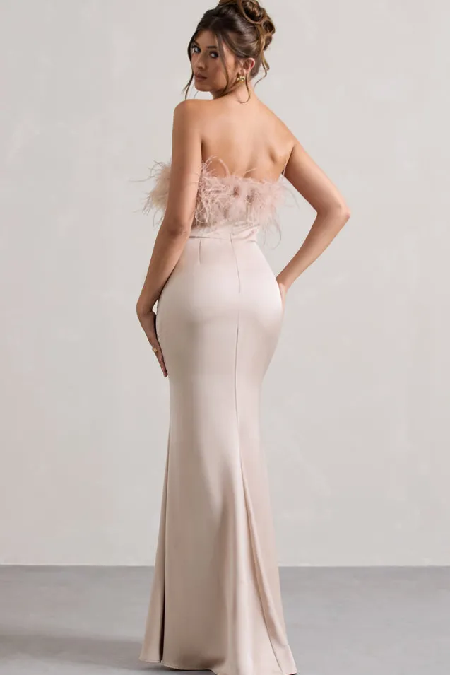 Dress For It | Champagne Satin Strapless Feather Trim Maxi Dress