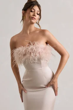 Dress For It | Champagne Satin Strapless Feather Trim Maxi Dress