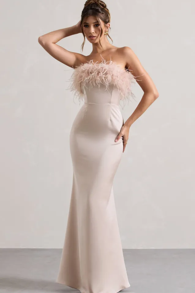 Dress For It | Champagne Satin Strapless Feather Trim Maxi Dress