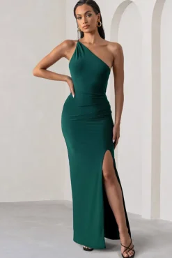 Dressing Up | Bottle Green One Shoulder Maxi Dress With Open Back Detail