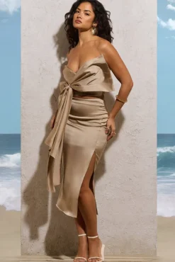 Drop A Glint | Champagne Satin Split Midi Skirt
