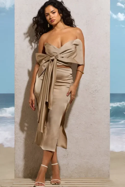 Drop A Glint | Champagne Satin Split Midi Skirt