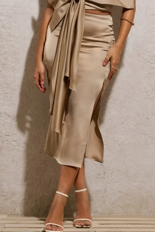 Drop A Glint | Champagne Satin Split Midi Skirt