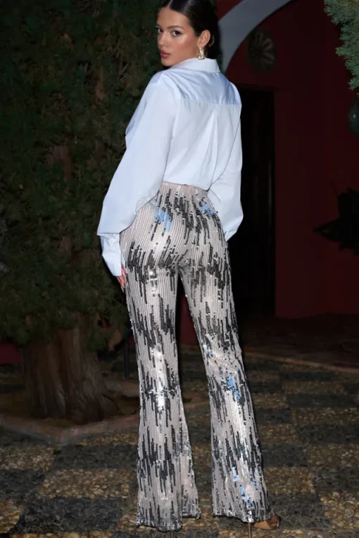 Dropping Hints | Champagne Sequin Wide Leg Trousers
