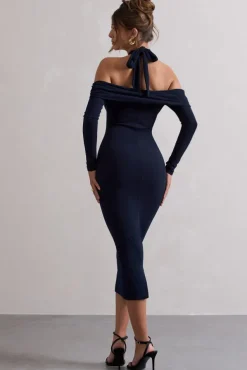 Duet | Navy Rib Knit Halter-Neck Midi Dress With Cut-Out