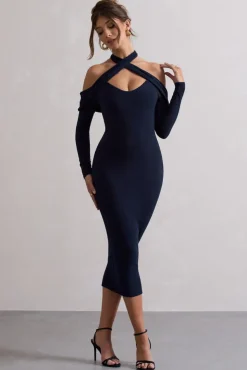 Duet | Navy Rib Knit Halter-Neck Midi Dress With Cut-Out