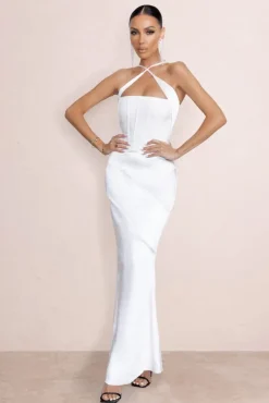 Dulcet | White Cross Over Neck Corset Maxi Dress